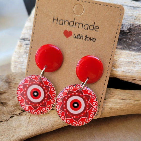 Earth Art hand crafted artisan Jewelry - Mandala Red Acrylic Earrings